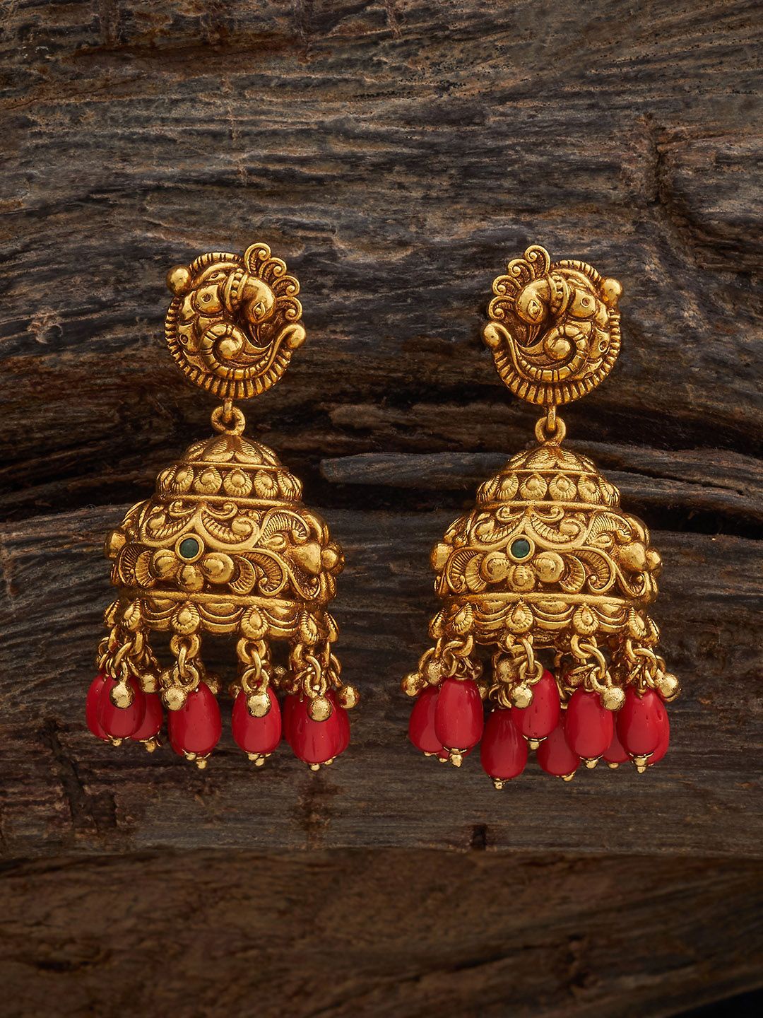 

Kushal's Fashion Jewellery Gold-Plated Dome Shaped Artificial Stones Antique Jhumkas