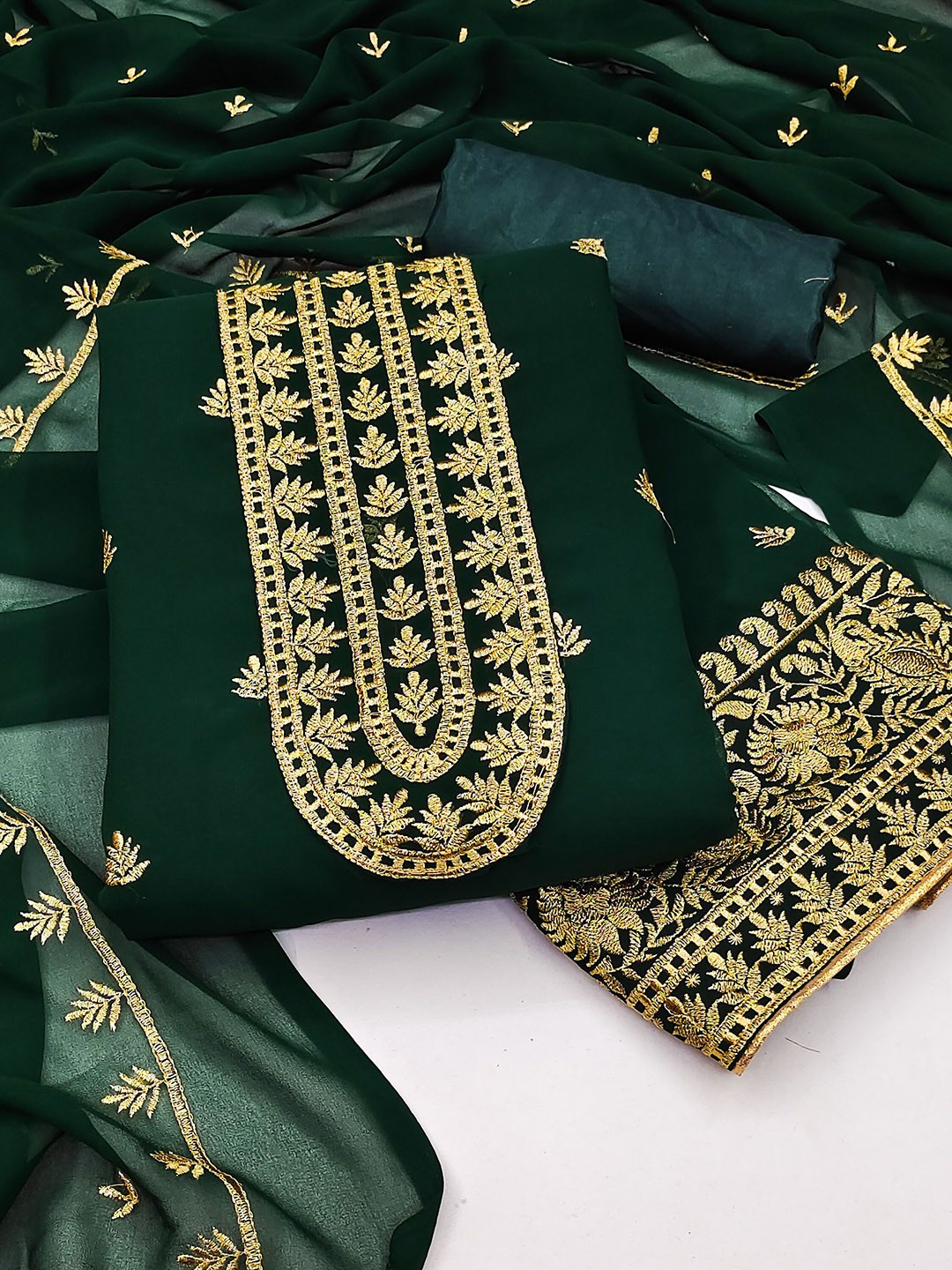 

SAINOOR Embroidered Zari Work Silk Georgette Unstitched Dress Material, Green