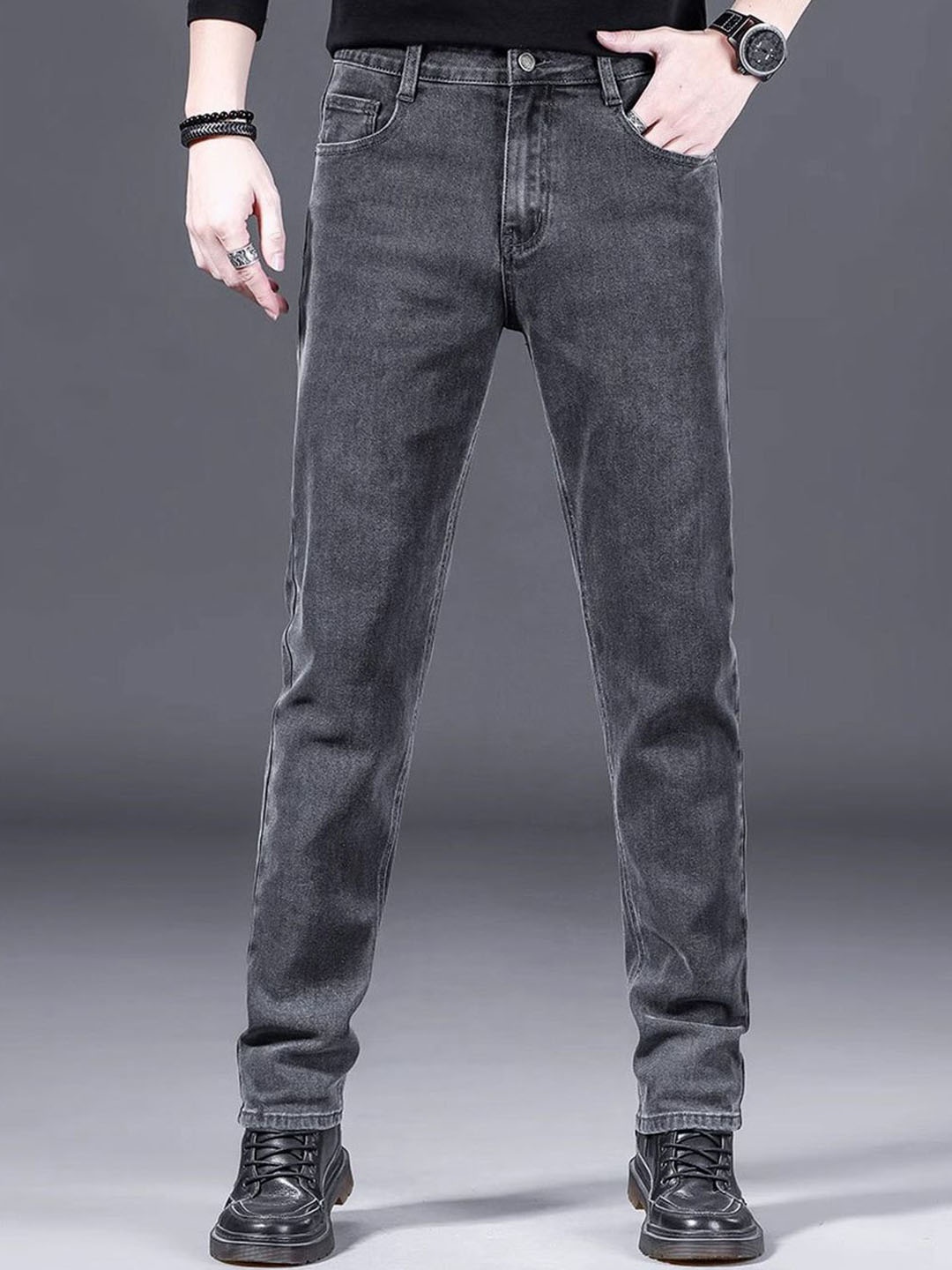 

HERE&NOW Men Mid-Rise Heavy Fade Regular Fit Jeans, Grey