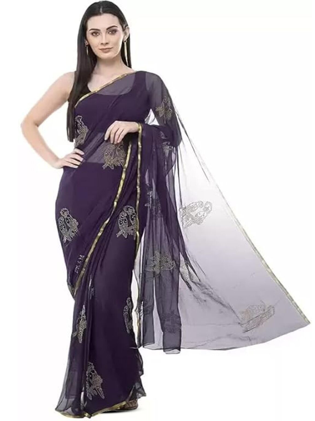 

DURGA EMPORIO Floral Pure Chiffon Saree, Purple