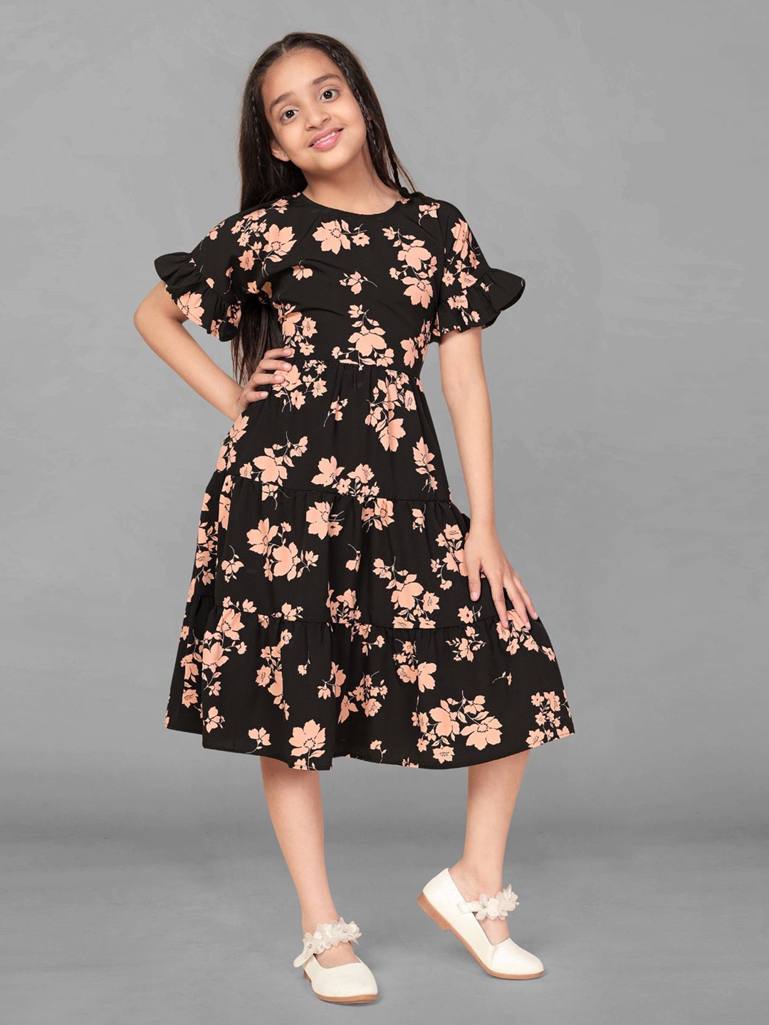 

YK Floral Print Ruffled Crepe Fit & Flare Dress, Black