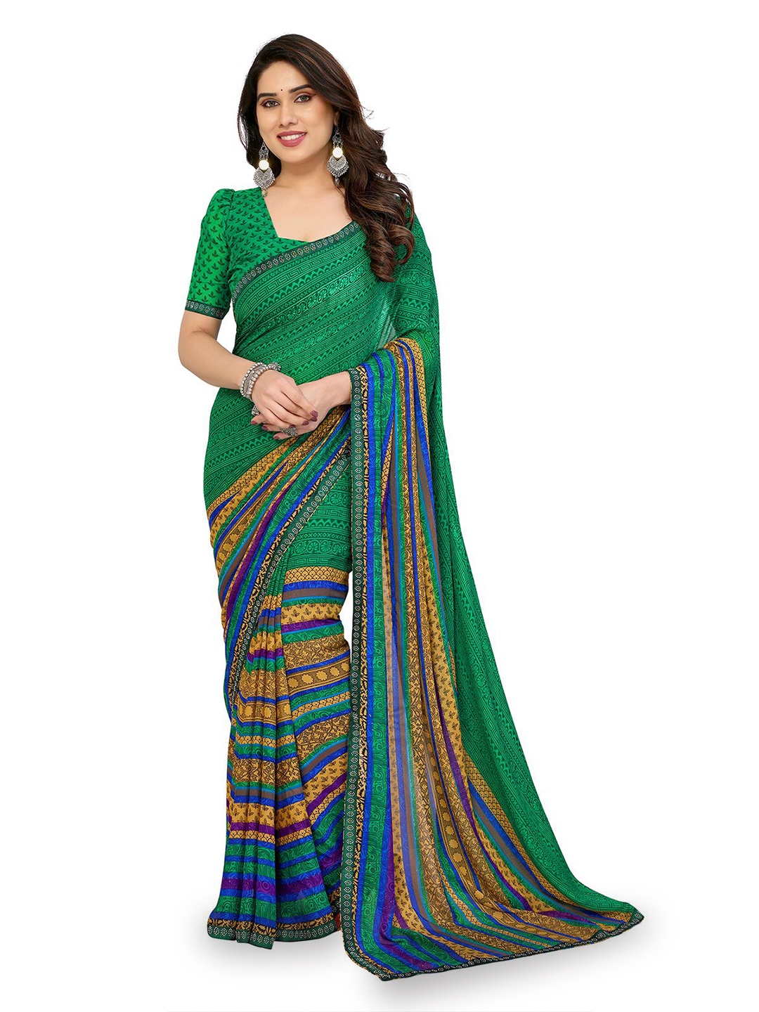 

Moda Rapido Floral Printed Beads and Stones Saree With An Unstitched Blouse Piece, Green