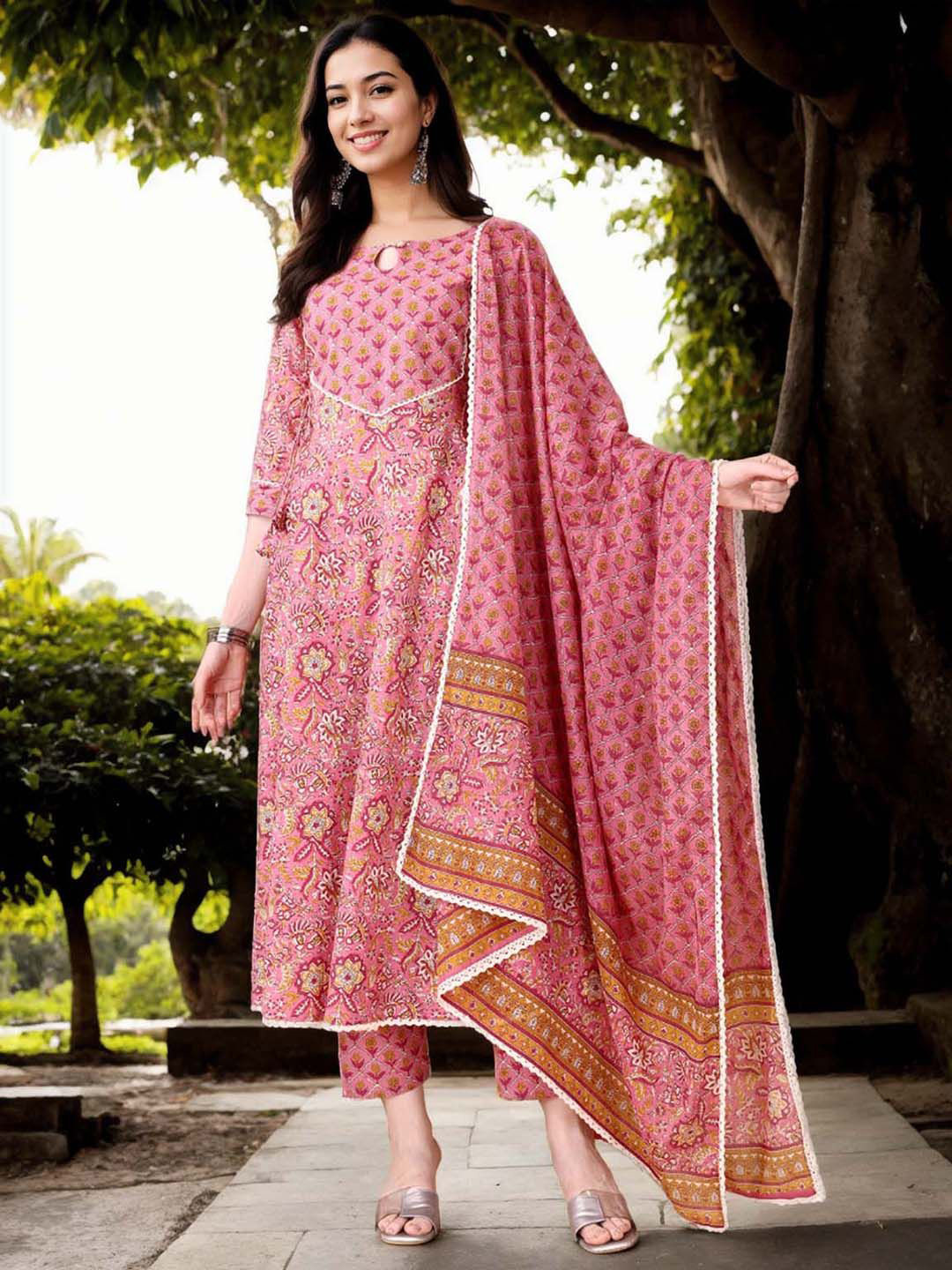 

Anouk Floral Printed Keyhole Neck Pure Cotton A-Line Kurta With Trousers & Dupatta, Pink