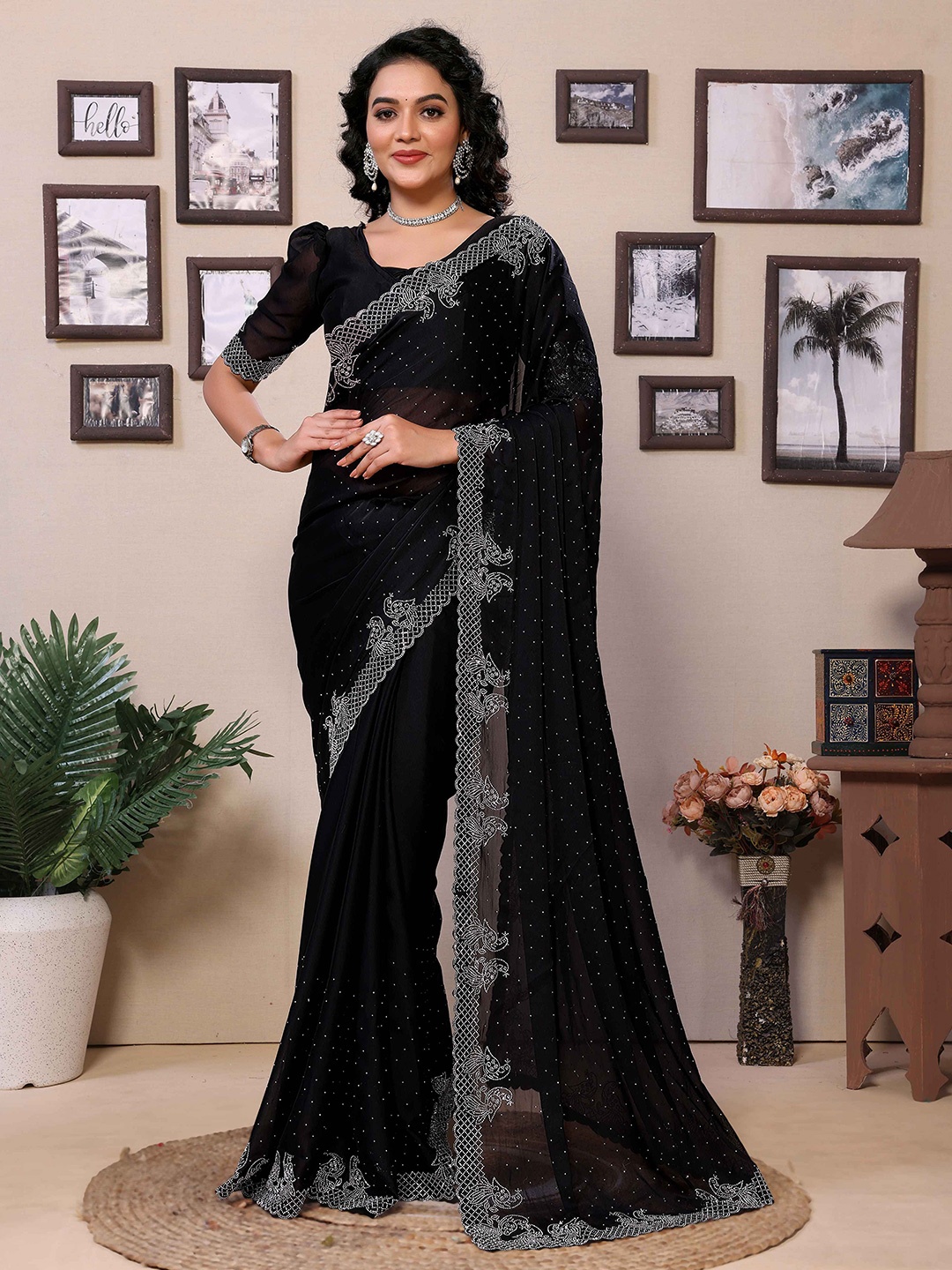 

Rhey Beads and Stones Emebllished Pure Georgette Saree, Black