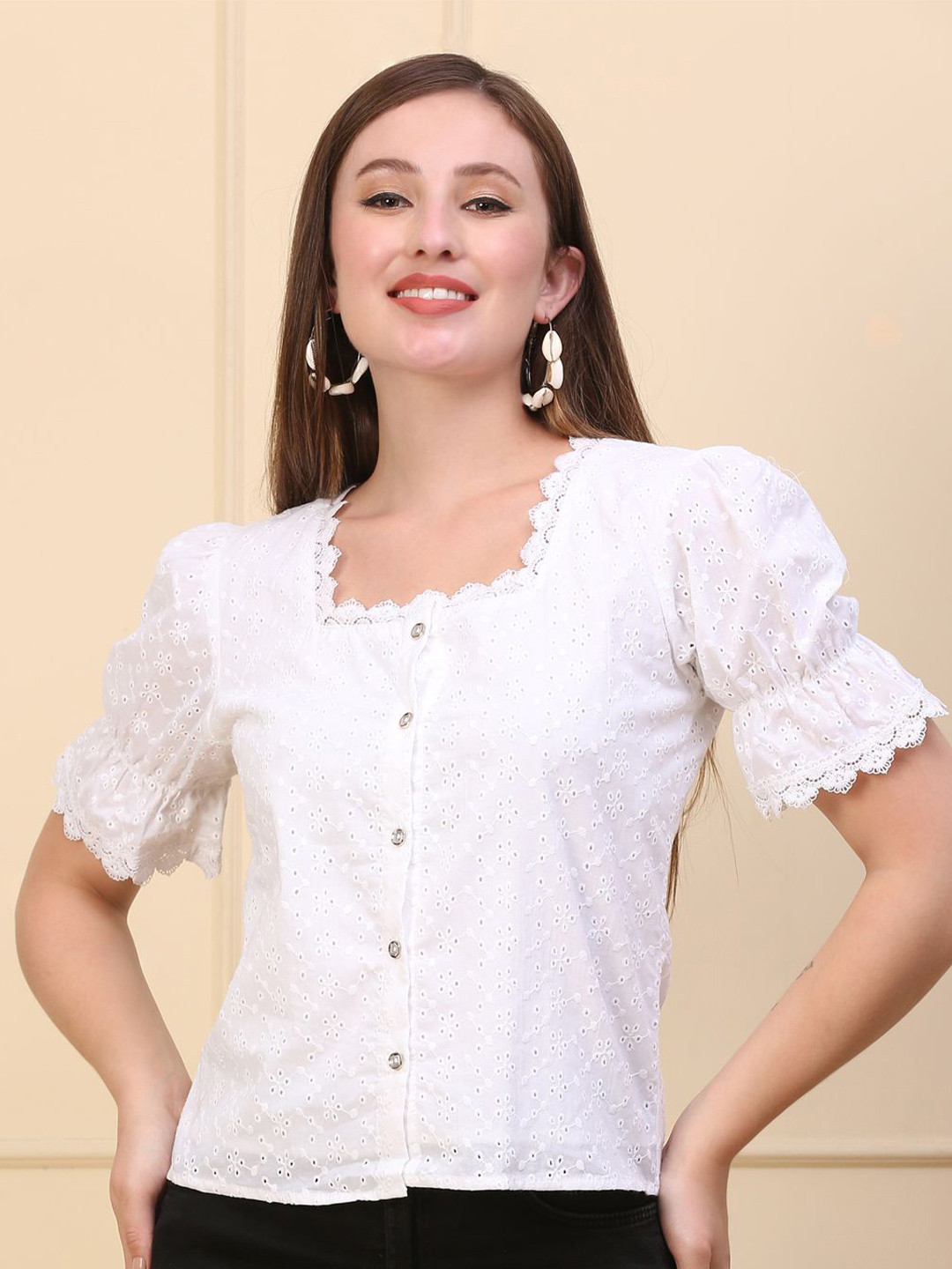 

JC JUMMY COUTURE Puff Sleeve Cotton Shirt Style Top, White