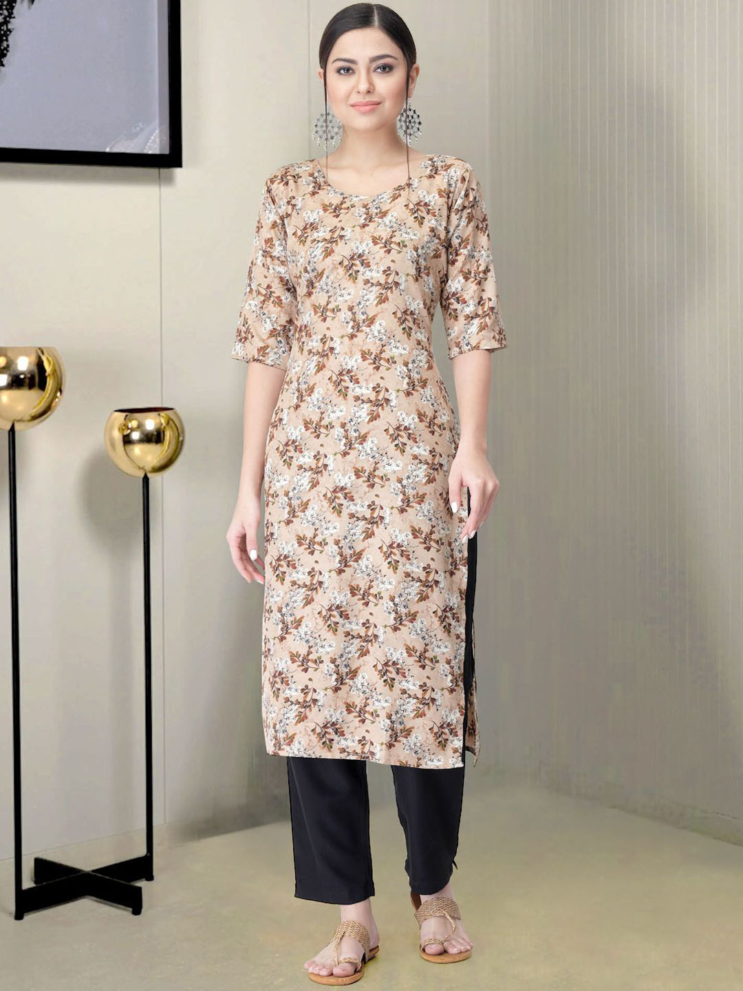 

Moda Rapido Floral Printed Round Neck Straight Kurta With Trouser, Beige