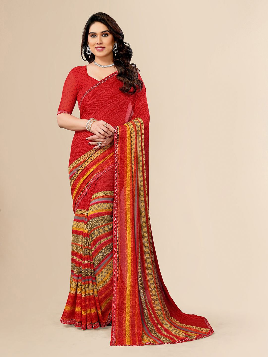 

Moda Rapido Ethnic Motifs Printed Saree With Unstitched Blouse Piece, Red