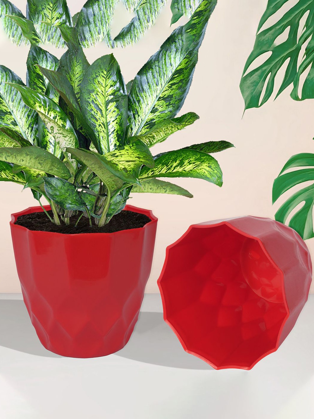 

Kuber Industries Red 2 Pieces Textured Flower Pots Planters