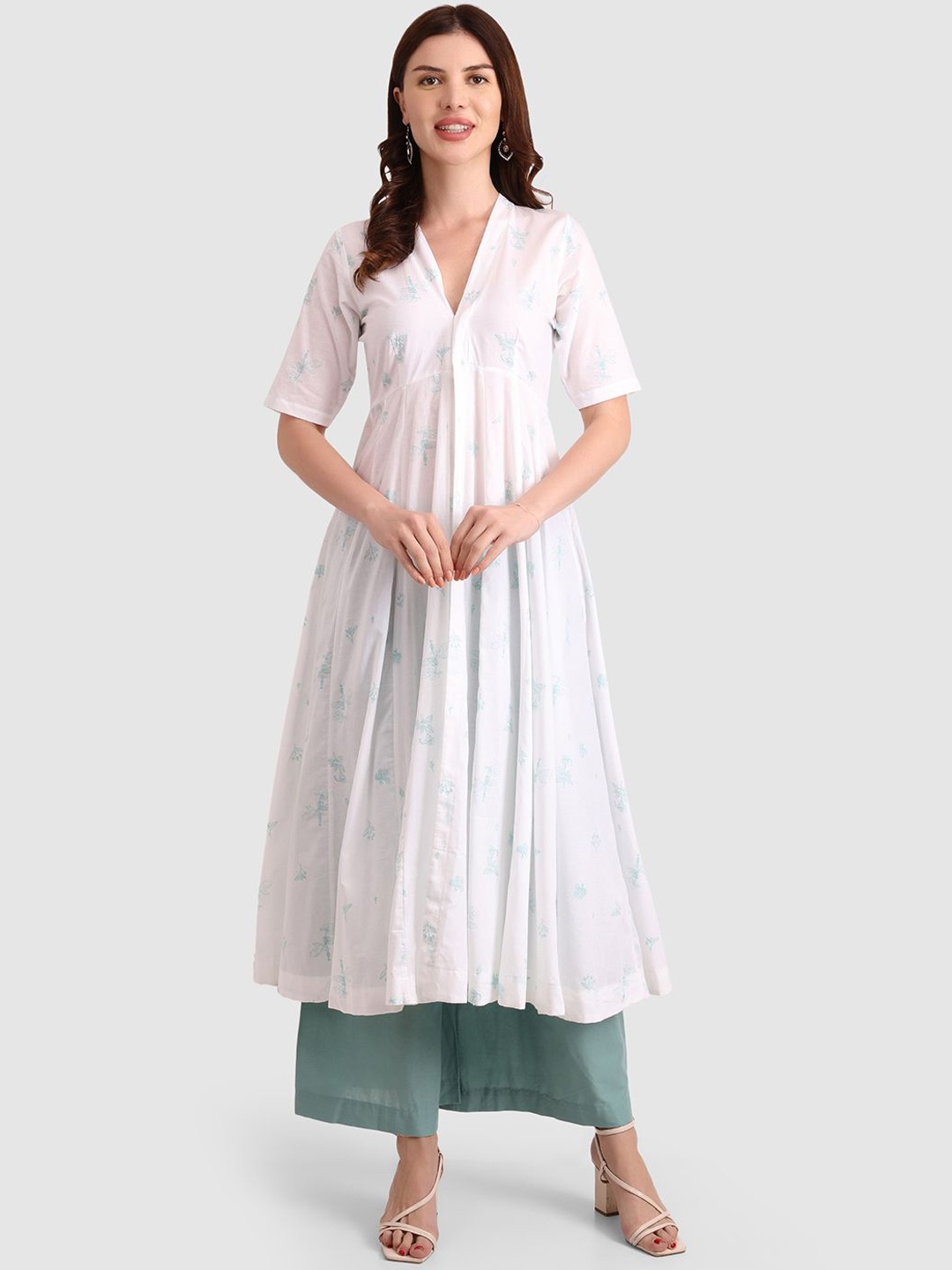 

fabbit Floral Printed Pleated Pure Cotton Anarkali Kurta With Palazzos, White