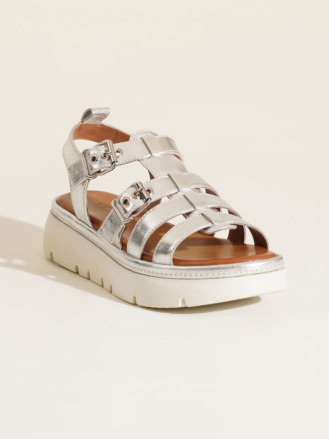 

Peach Flores Women Amani Leather Sandals, Silver