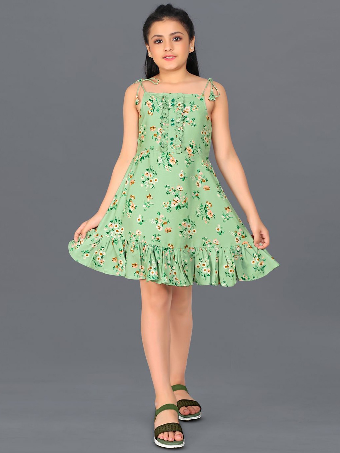 

YK Girls Floral Printed Ruffled Crepe Fit & Flare Dress, Green