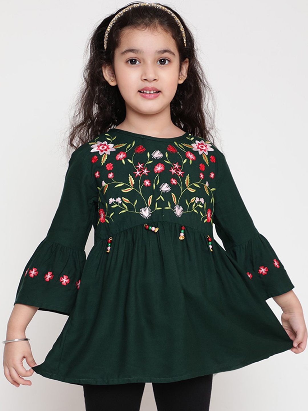 

Miss & Chief Girls Floral Embroidered Bell Sleeve Peplum Top, Green