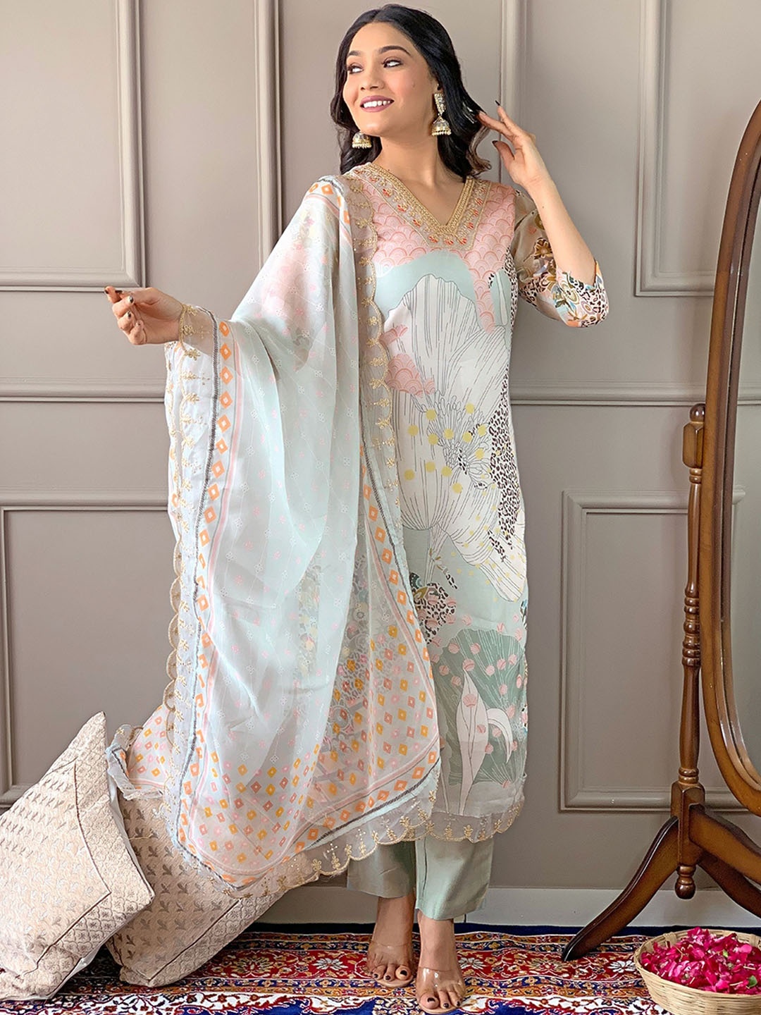 

NIZA FASHION Women Floral Embroidered Regular Kurta with Trousers & With Dupatta, Olive