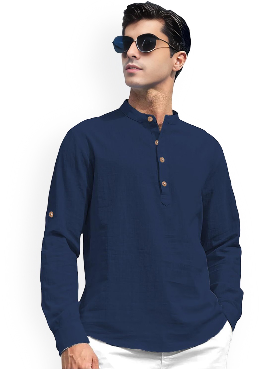 

TrendiVastra Mandarin Collar Cotton Short Kurta, Navy blue