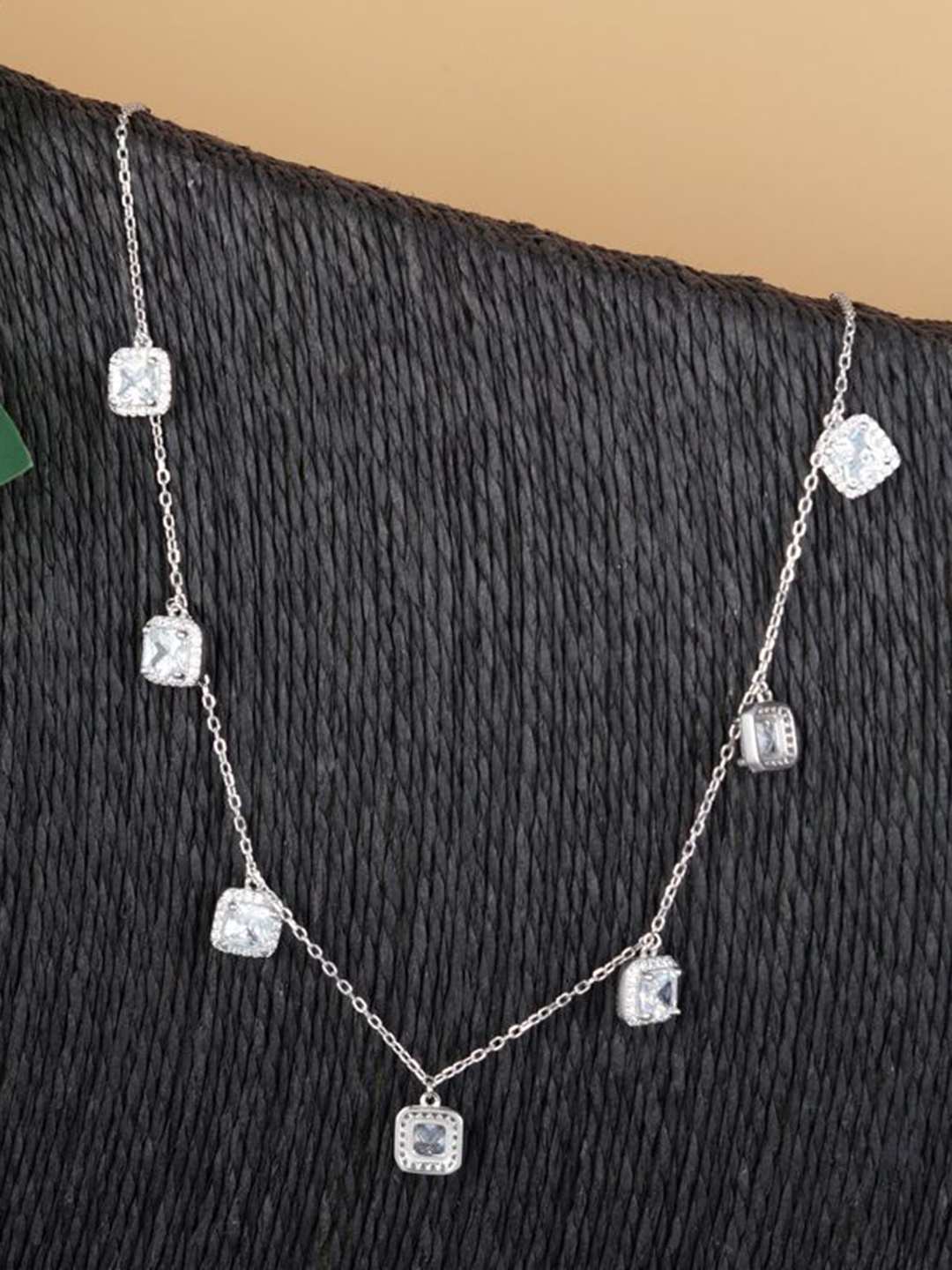 

Tuanz Silver Jewelry 925 Silver Rhodium-Plated Artificial Stone-Studded Pendant With Chain