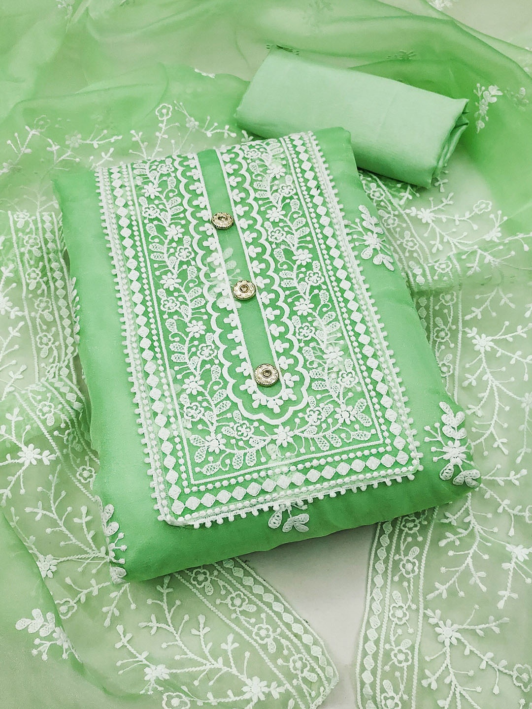 

SAINOOR Floral Embroidered Organza Unstitched Dress Material, Green