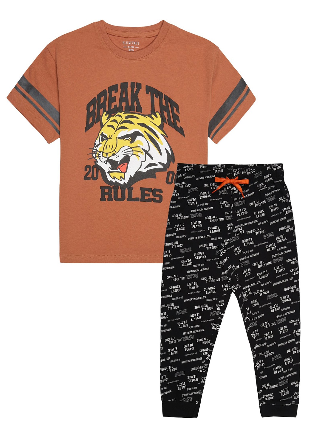 

PLUM TREE Boys Printed Round Neck Pure Cotton T-Shirt With Jogger, Rust