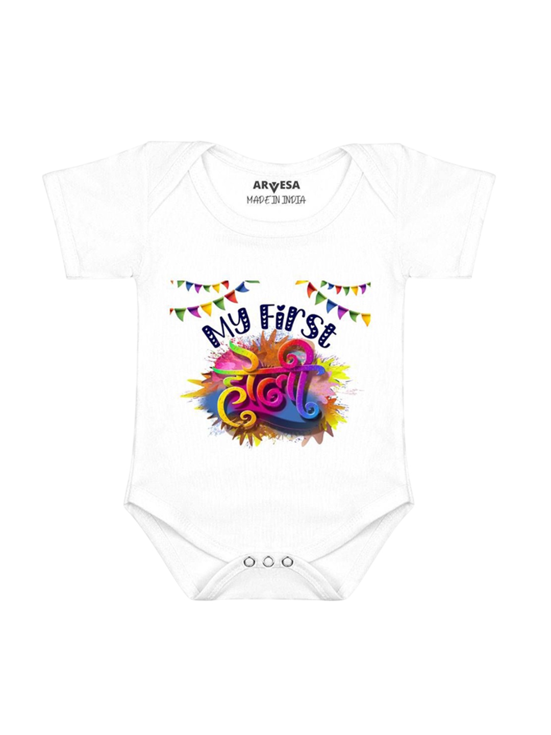 

Arvesa Infants My First Holi Printed Envelope Neck Bodysuit, White