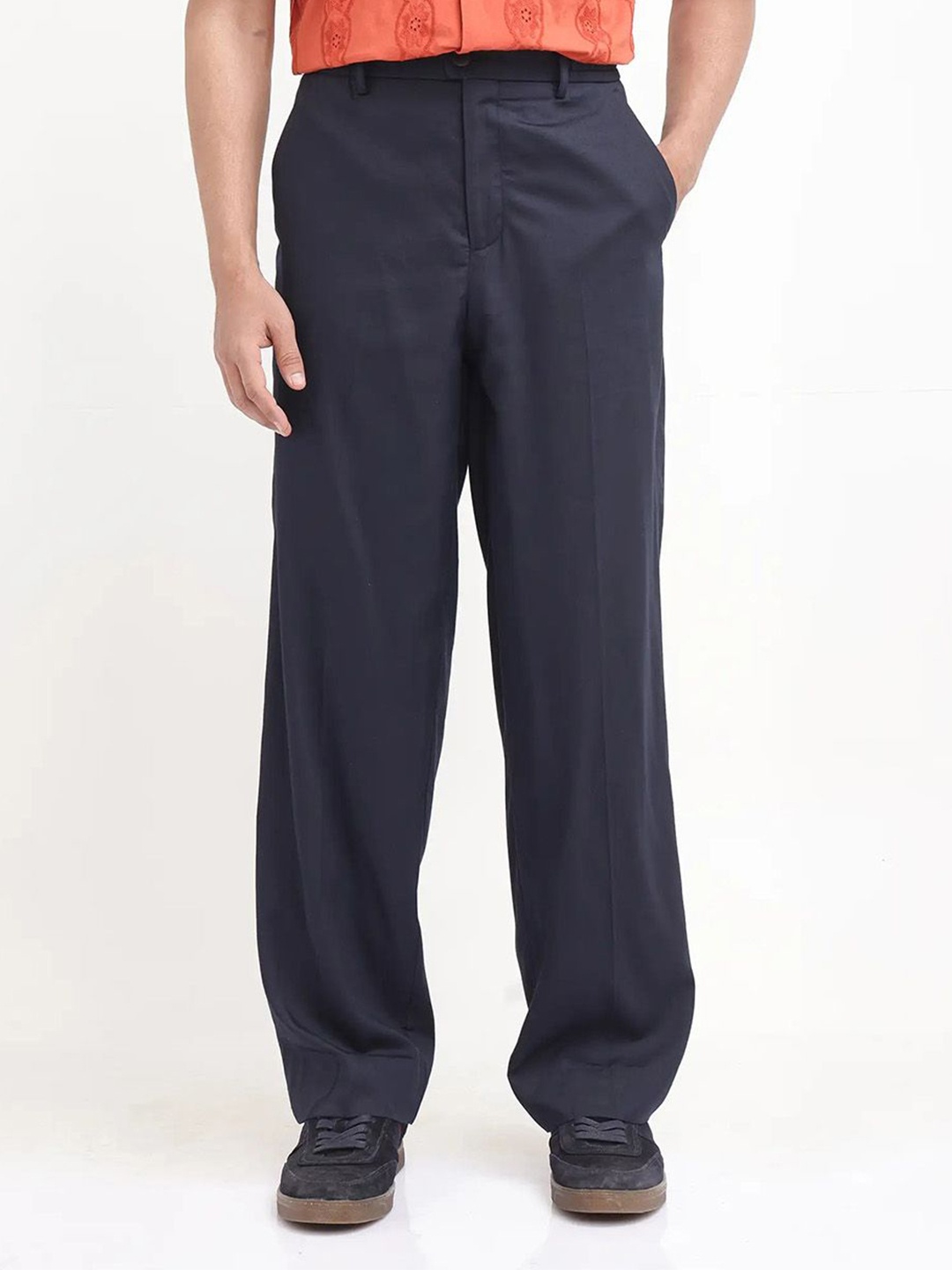 

RARE RABBIT ESSOT Men Cotton Mid-Rise Tailored Relaxed Fit Trousers, Navy blue