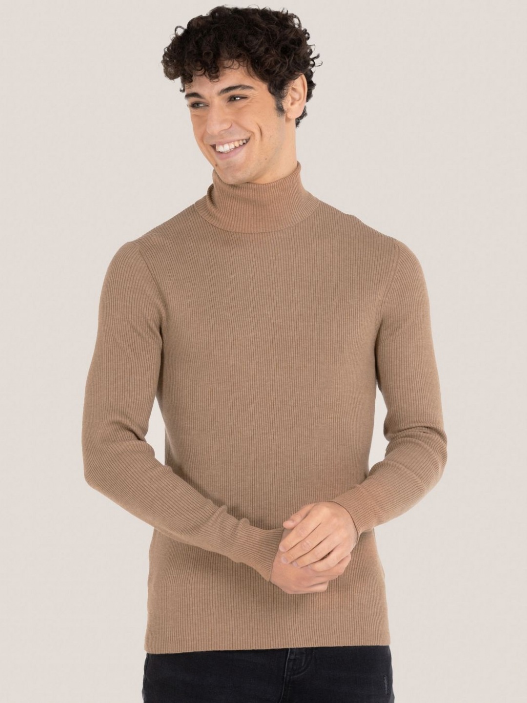

Moda Rapido Men Self Design Turtle Neck T-shirt, Beige