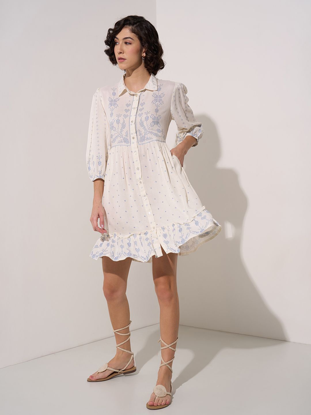 

AKKRITI BY PANTALOONS Print Puff Sleeve Fit & Flare Dress, Off white