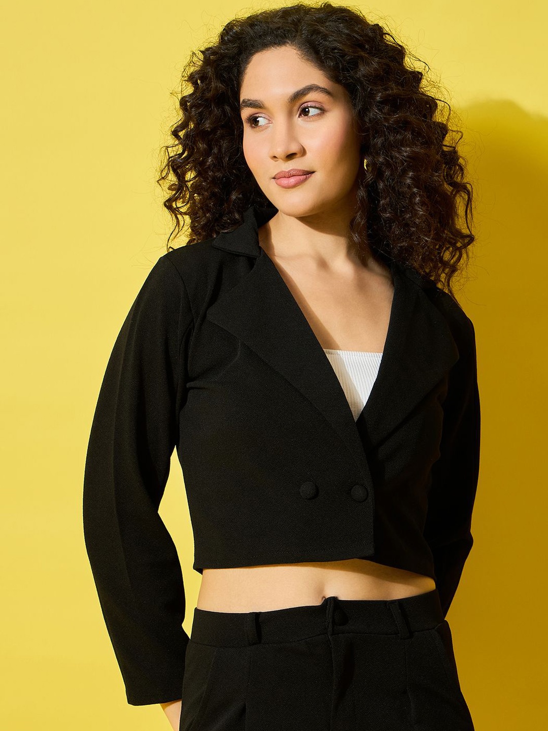 

Dimpy Garments Double-Breasted Notched Lapel Collar Formal Crop Blazer, Black