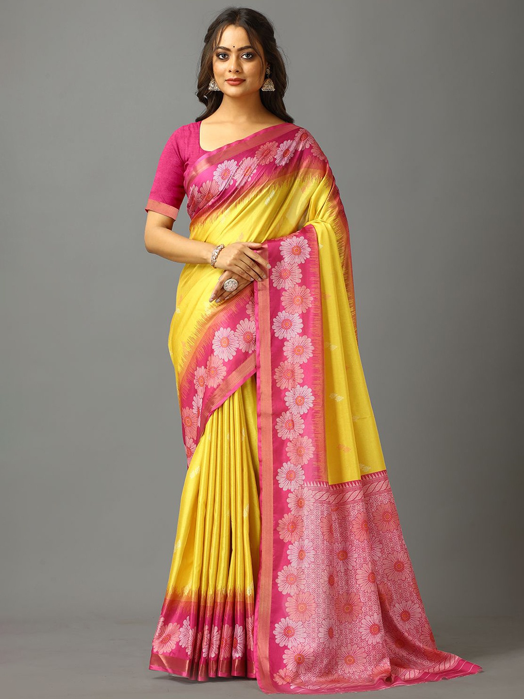 

A.V.M. SILK MILLS Pure Crepe Saree with Blouse Piece, Yellow