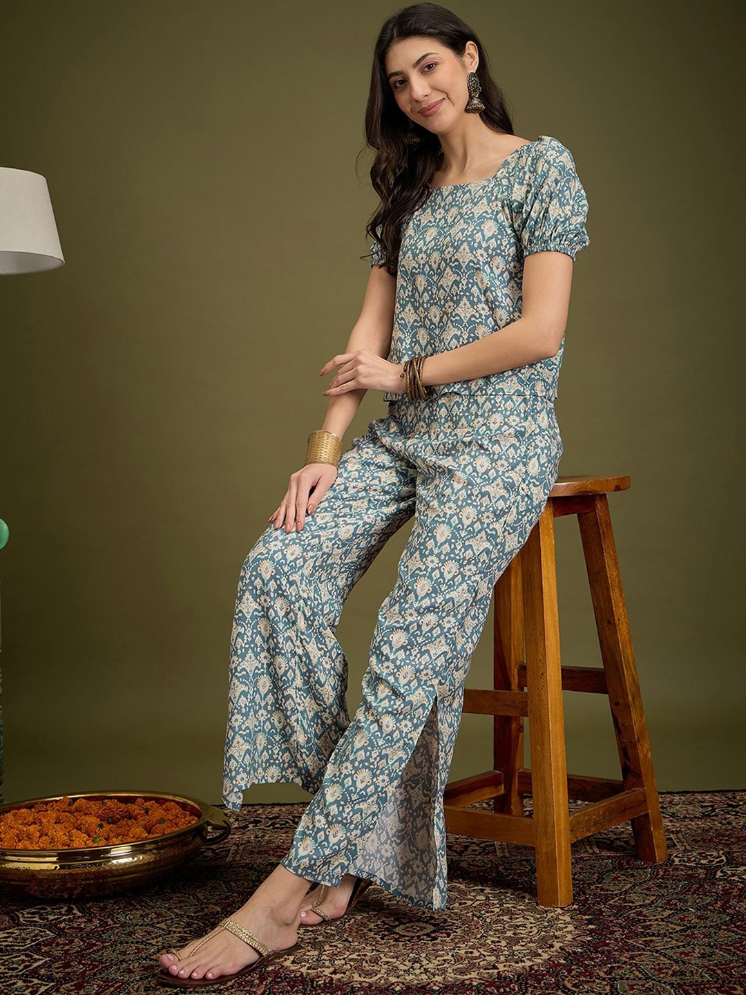 

Sangria Ikat Printed Square Neck Puff Sleeves Top & Trousers, Blue