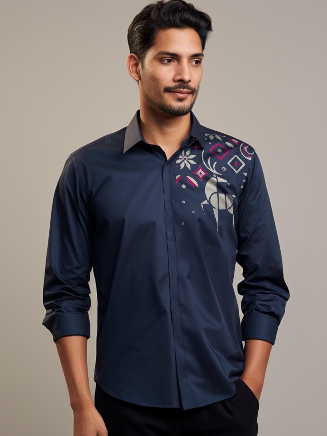 

HE SPOKE Men Smart Tailored Fit Opaque Printed Casual Shirt, Navy blue