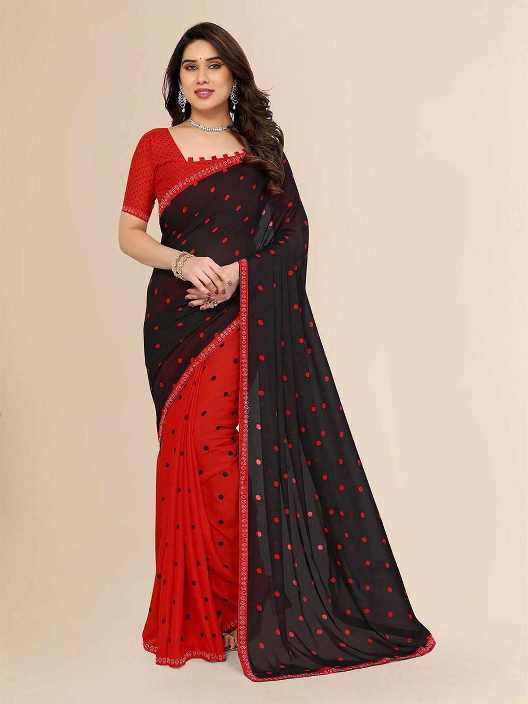

Moda Rapido Polka Dot Saree, Red