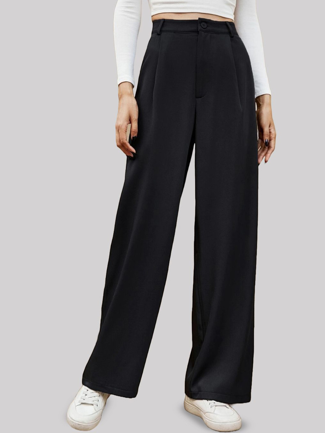

FNOCKS Women Rustic Smart Skinny Fit High-Rise Pleated Trousers, Black