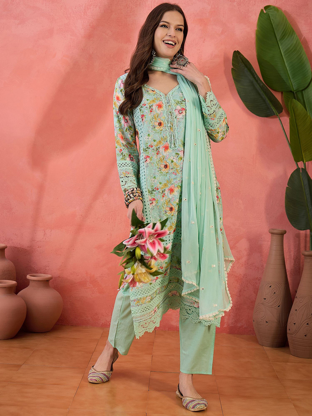 

Sangria Floral Embroidered V-Neck Sequinned Cotton Straight Kurta With Trouser & Dupatta, Green