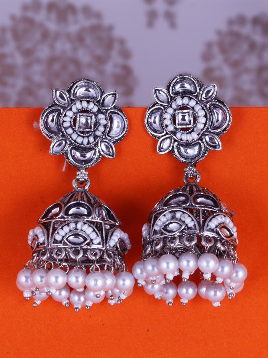 

MEENAZ Silver-Plated Oxidised Stone Studded & Pearls Beaded Dome Shaped Jhumkas