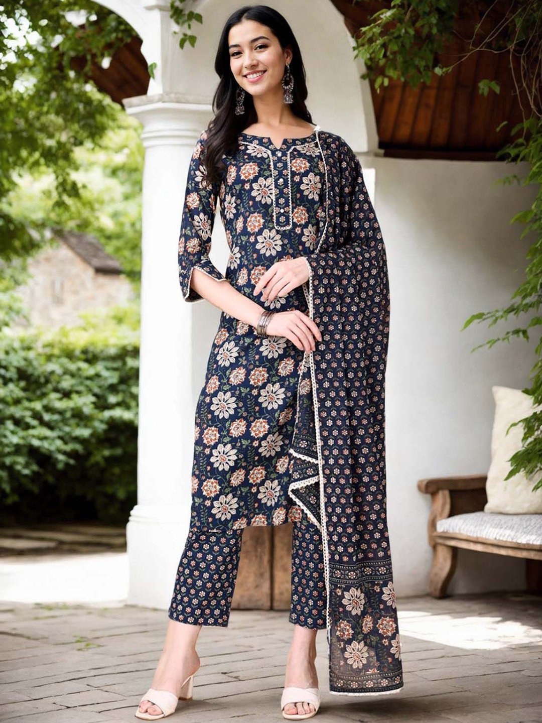 

Anouk Floral Printed Notch-Neck Straight Pure Cotton Kurta With Trousers And Dupatta, Blue