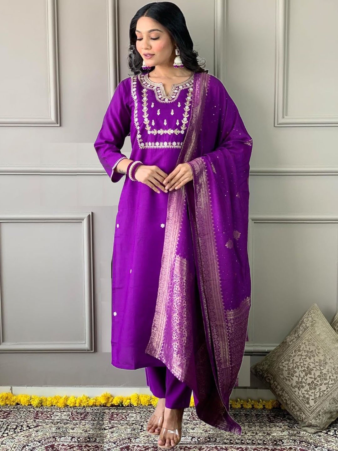

NIRMAL CREATION Floral Embroidered Notch Neck Pure Cotton Kurta With Trousers & Dupatta, Purple