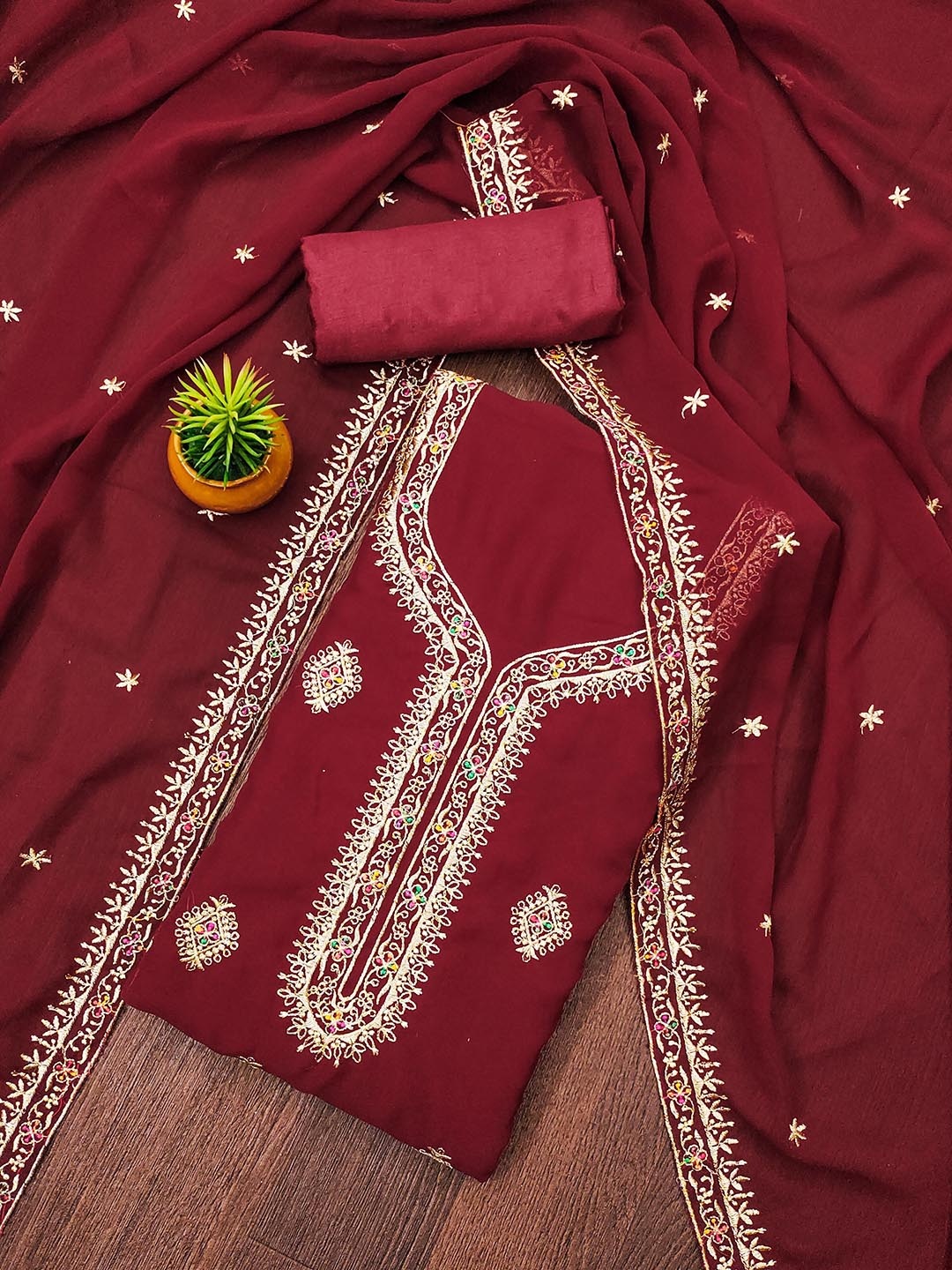 

SAINOOR Embroidered Silk Georgette Unstitched Dress Material, Maroon