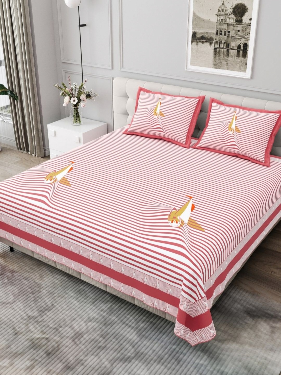 

JAIPUR FABRIC Red & White Striped Cotton 254 TC King Bedsheet Set 2.74m x 2.28m
