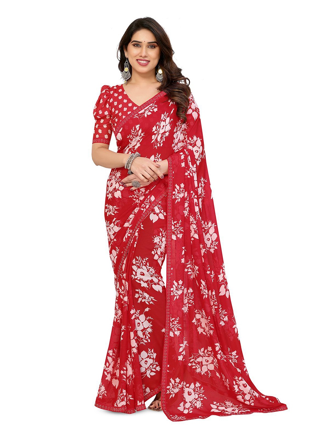 

Moda Rapido Floral Printed Beads and Stones Saree, Red