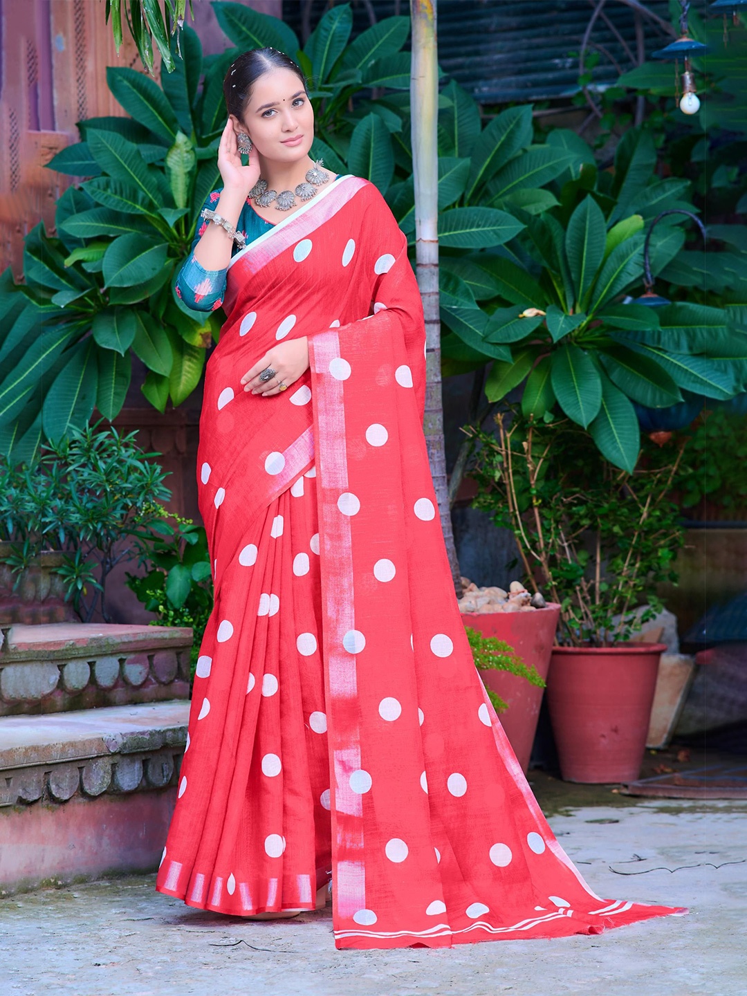 

KALINI Polka Dot Printed Zari Designer Khadi Saree, Red