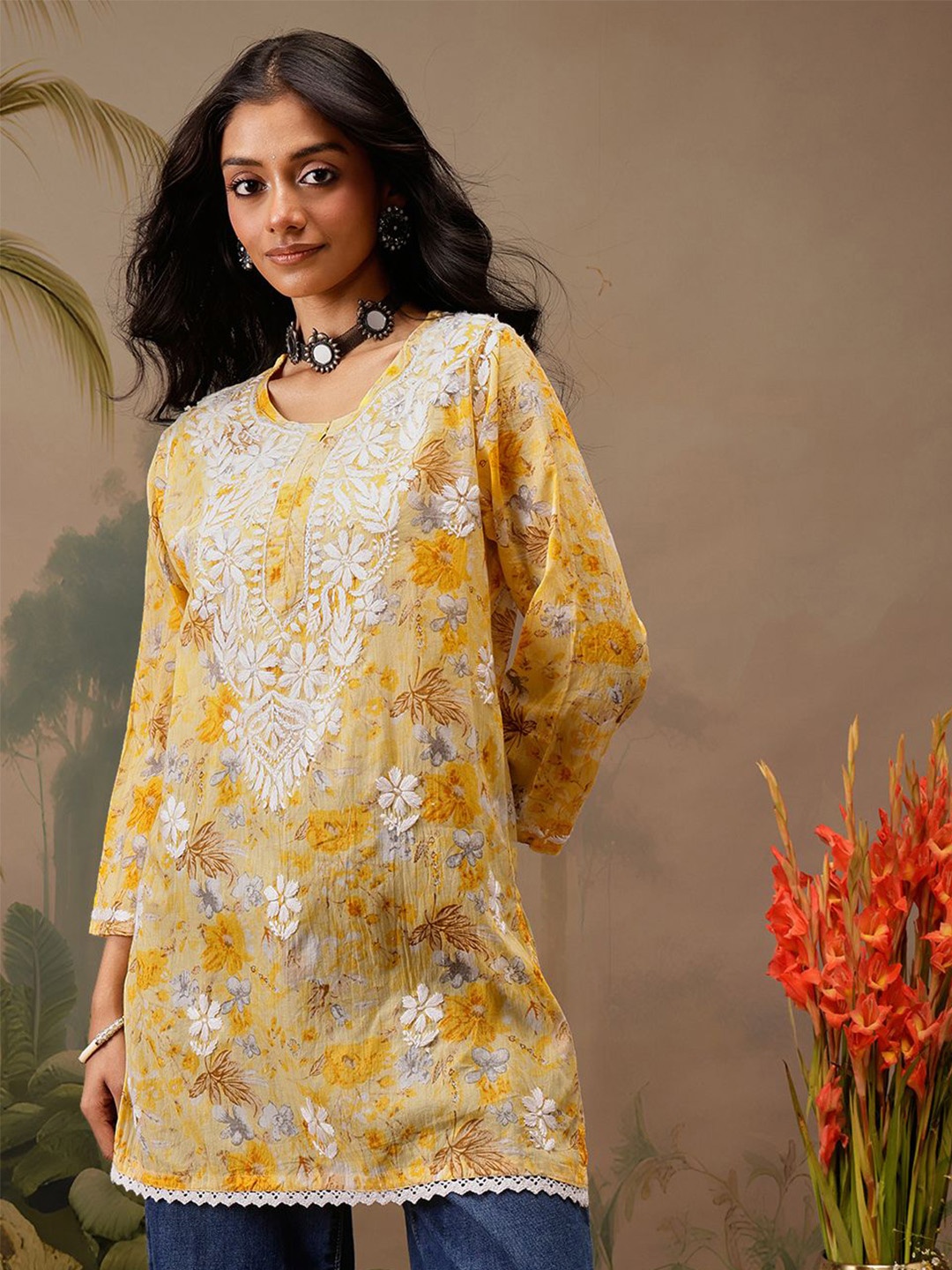 

ADA Women Floral Embroidered Thread Work Kurti, Yellow