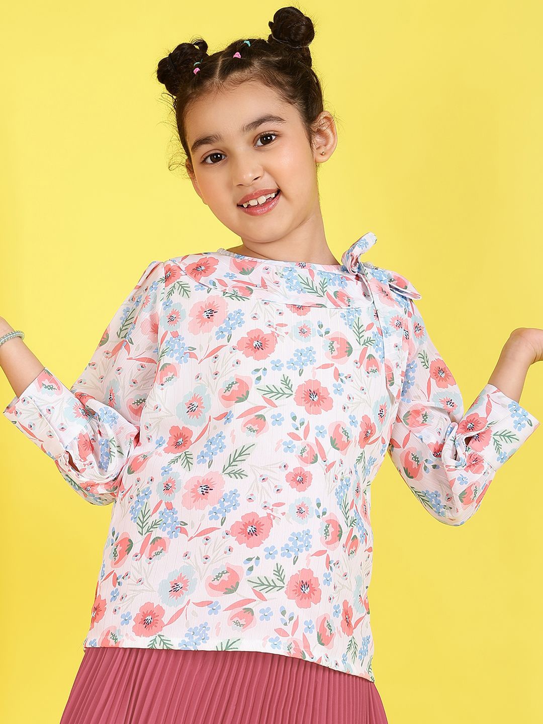 

Miss & Chief Girls Floral Printed Boat Neck Tie Ups Detail Top, White