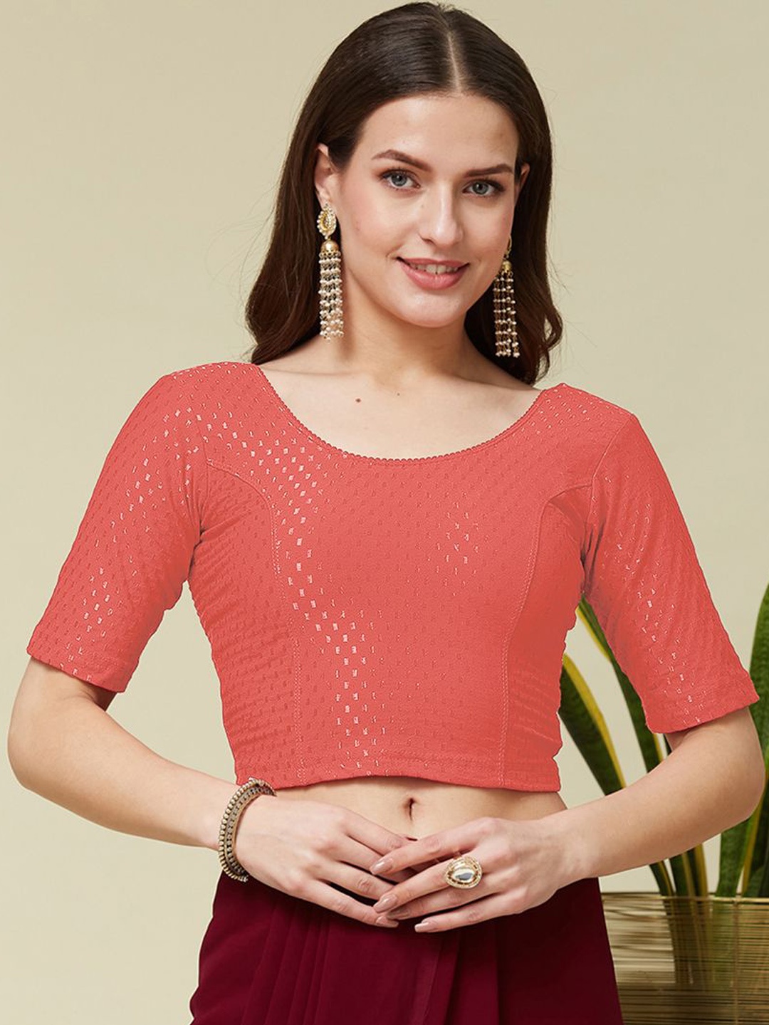 

KALINI Woven Design Cotton Saree Blouse, Peach