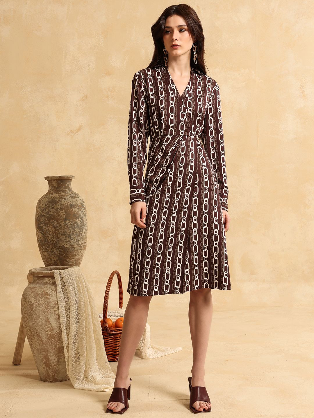 

Kazo Print Crepe Formal Midi Dress, Brown