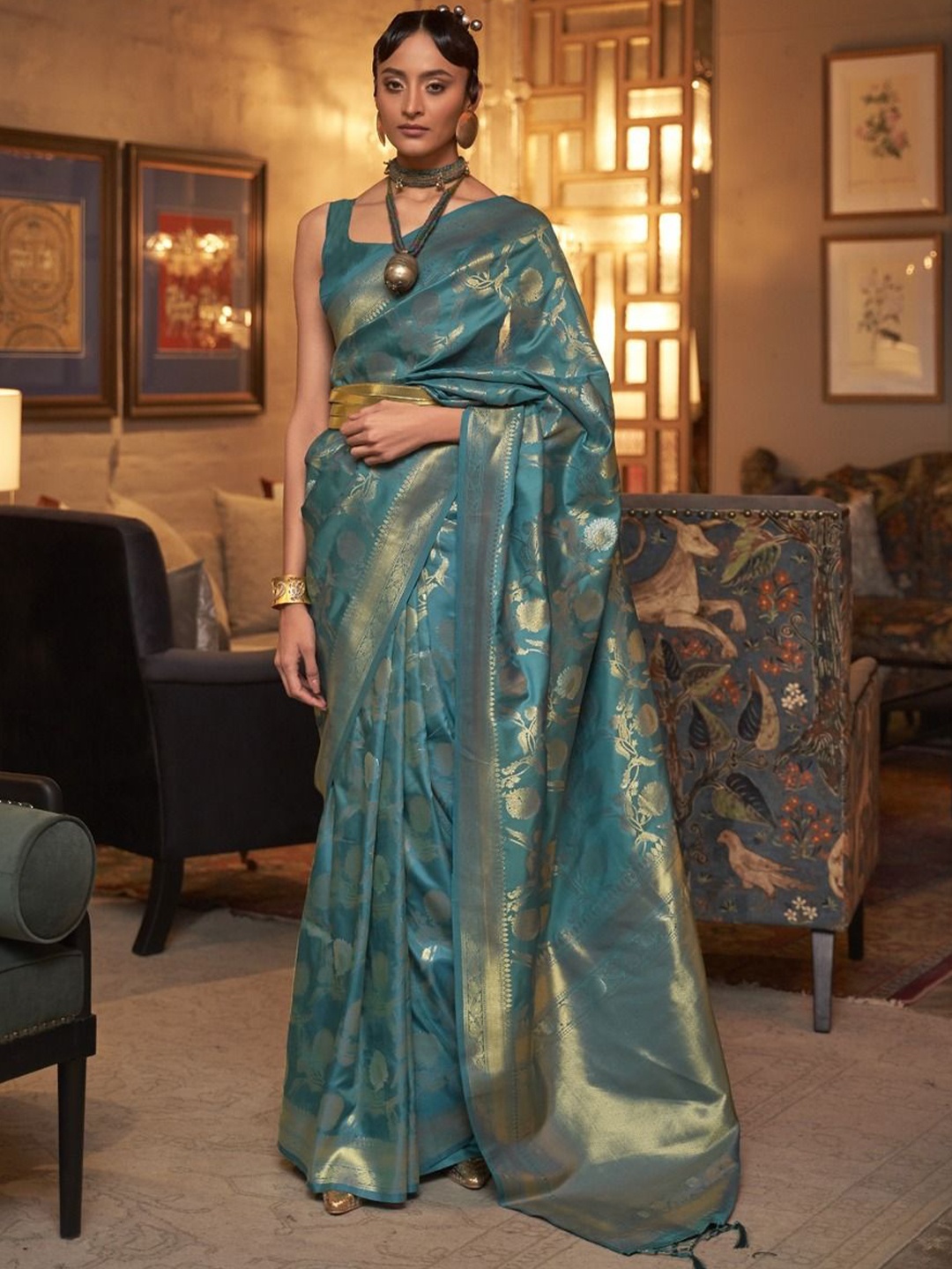 

Anouk Woven Design Zari Silk Blend Designer Banarasi Saree, Turquoise blue
