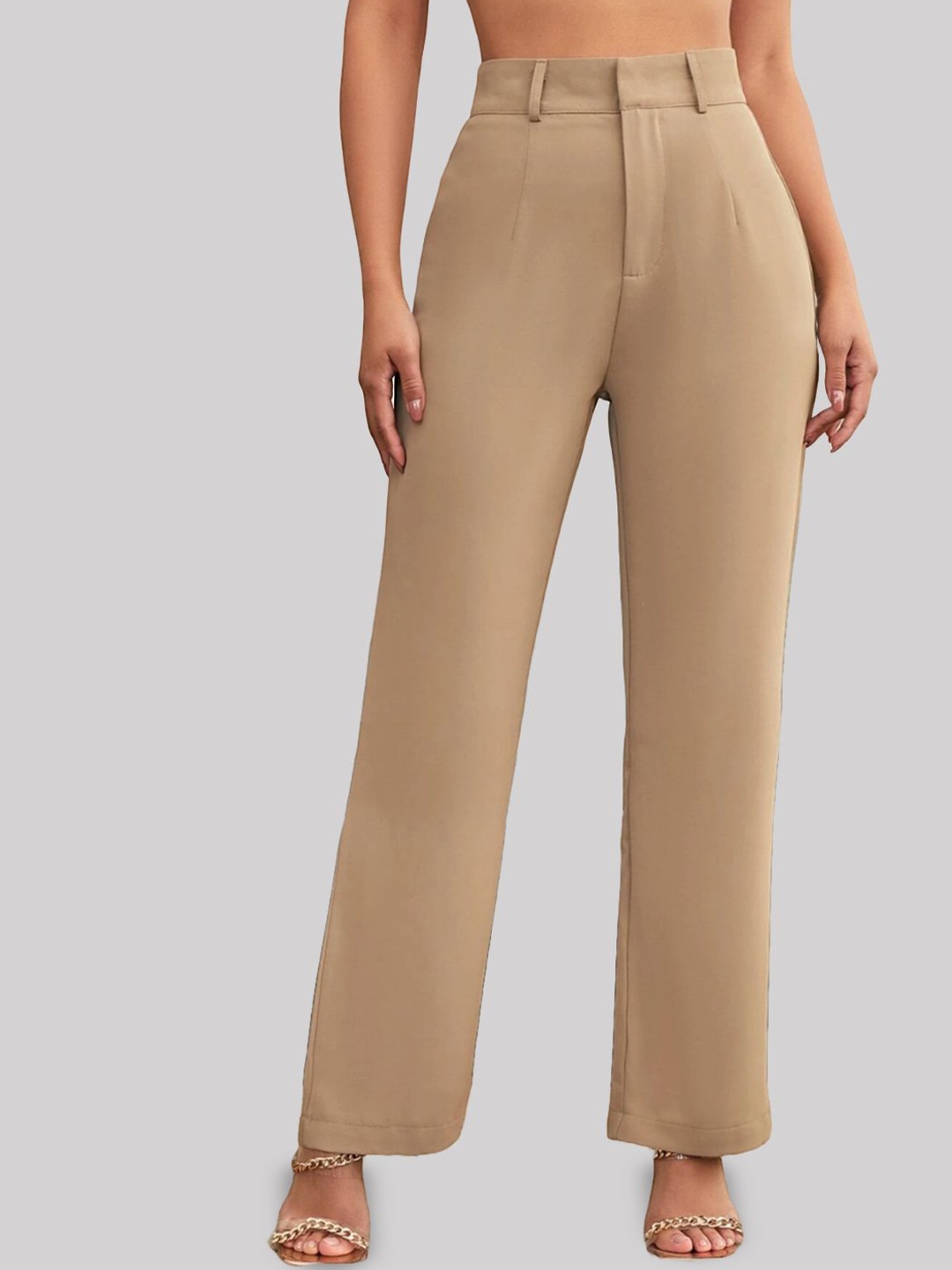 

FNOCKS Women Ultra Straight Fit High-Rise Trousers, Beige