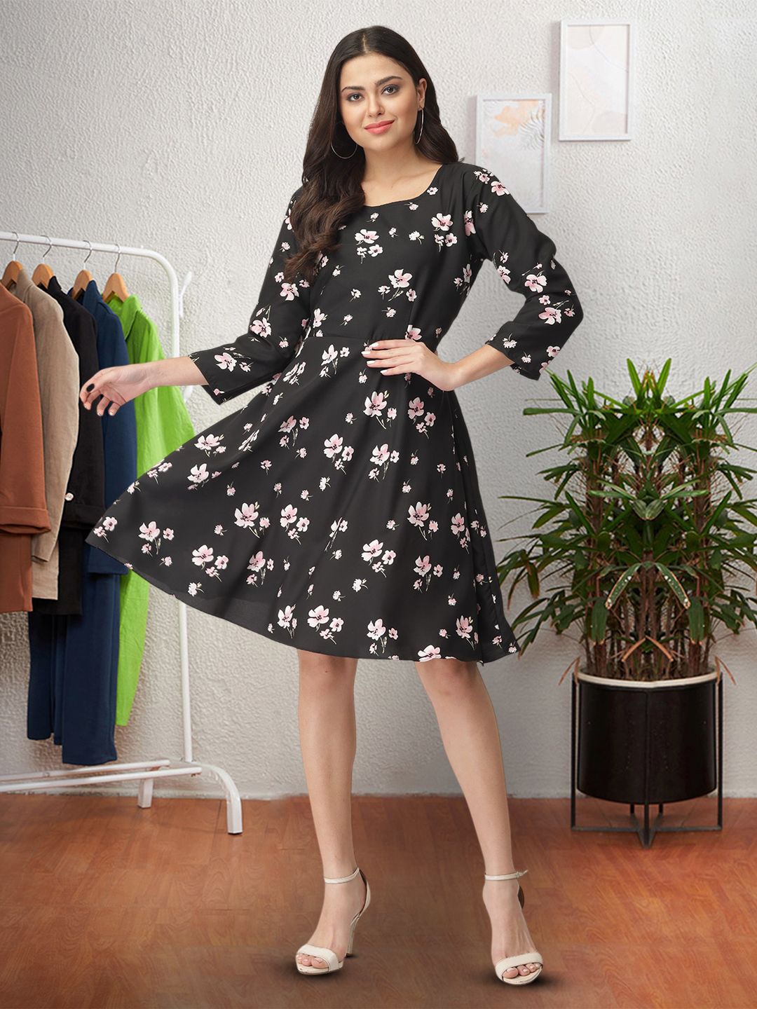 

Moda Rapido Floral Print Applique Fit & Flare Dress, Black