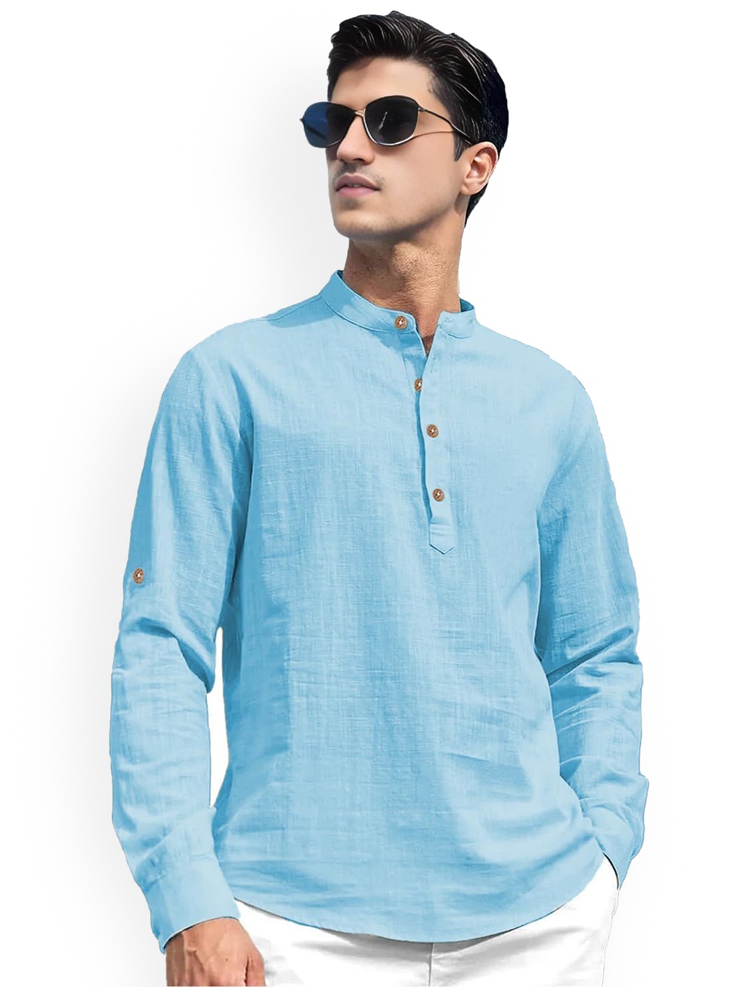 

TrendiVastra Mandarin Collar Cotton Short Kurta, Blue