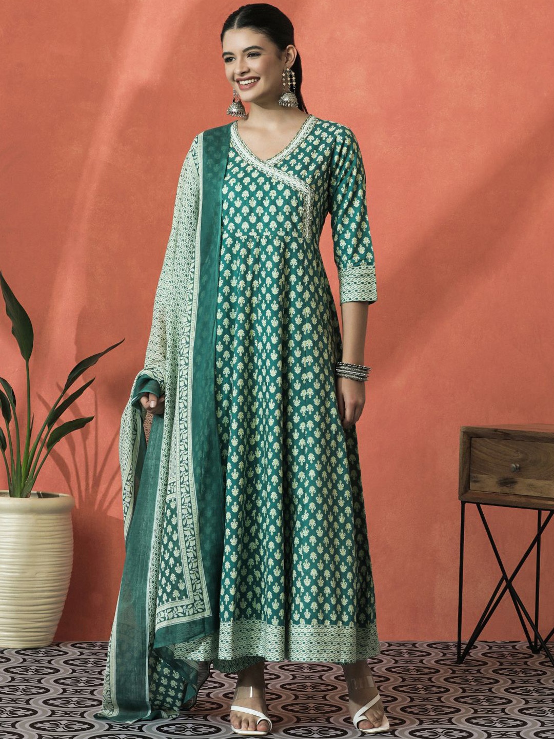 

Sangria Floral Printed V-Neck Angrakha Pure Cotton Anarkali Kurta With Trouser And Dupatta, Green