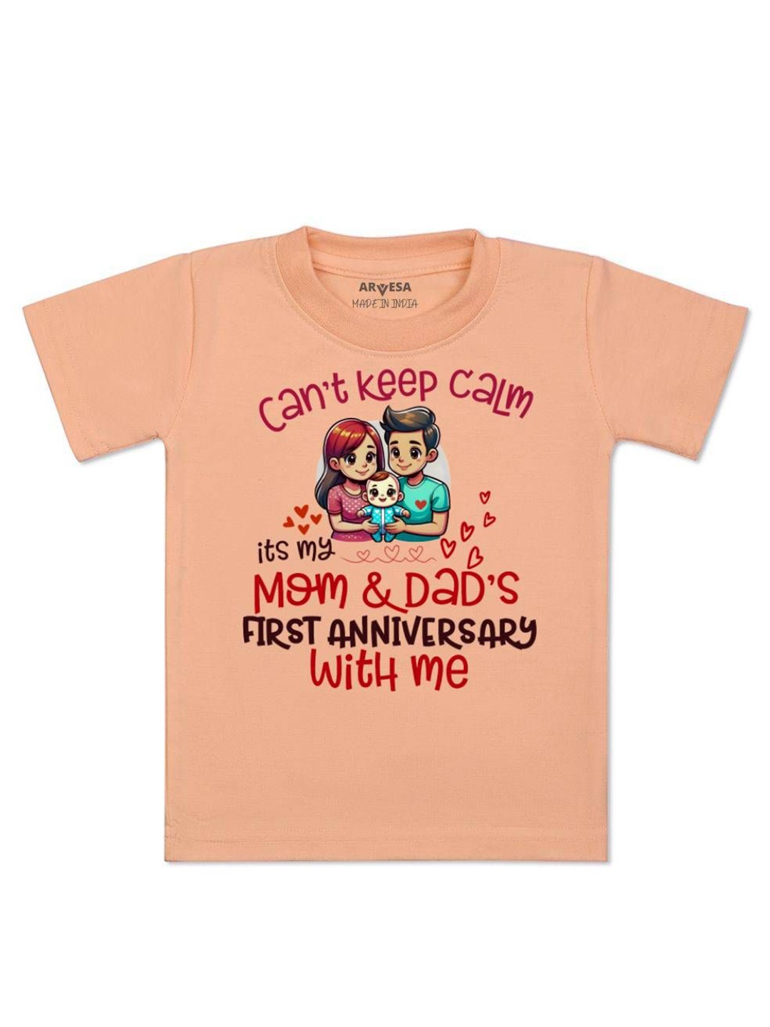 

Arvesa Kids First Anniversary With Mom And Dad Printed Tshirt, Peach