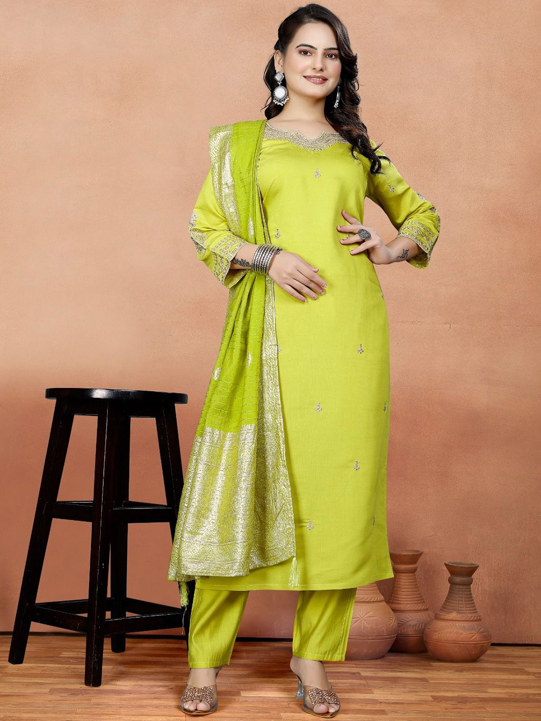 

ZEEPKART Ethnic Motifs Embroidered Beads And Stones Kurta With Trouser & Dupatta, Green